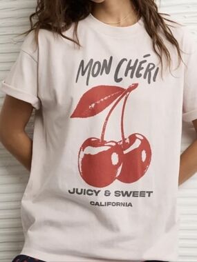 American Eagle Outfitters Pink Graphic 'Mon Chéri' Tee with Red Cherry Print